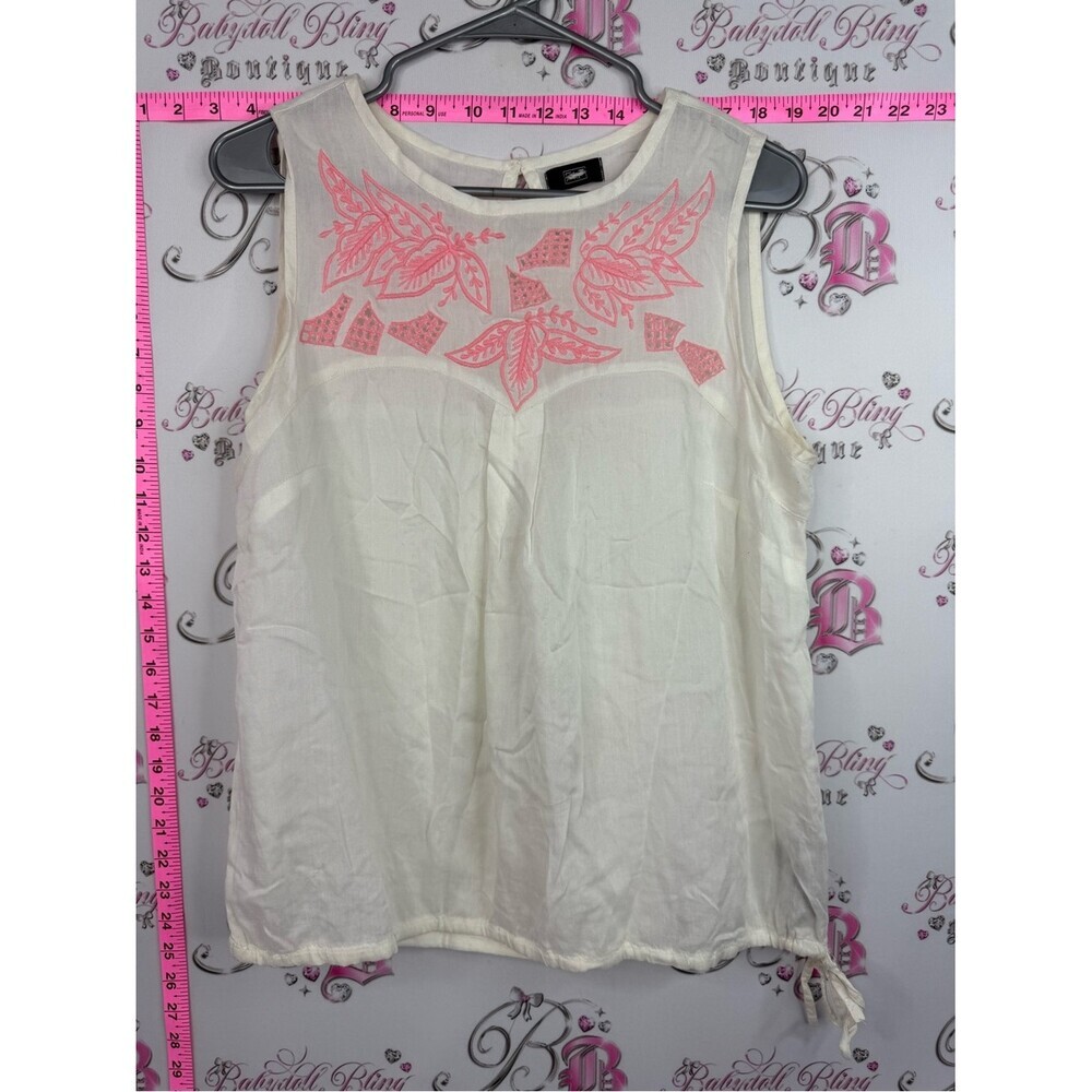 F&F tank top neon Ivory Sleeveless Tank with Coral Pink Embroidery